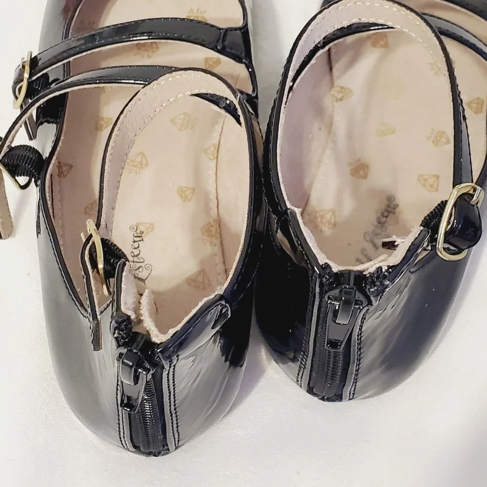 Self Esteem Girls Black Patent Mary Jane Flats Triple Strap Dress Shoes Size 3